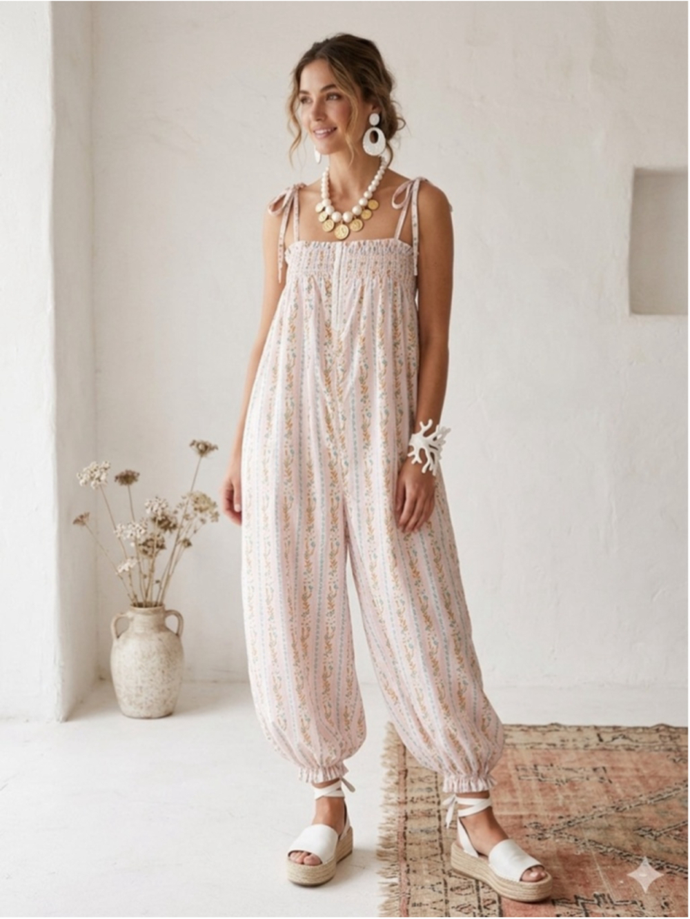 Vintage Boho Floral Balloon Leg Jumpsuit Cottagecore Festival Romper Pink S/M